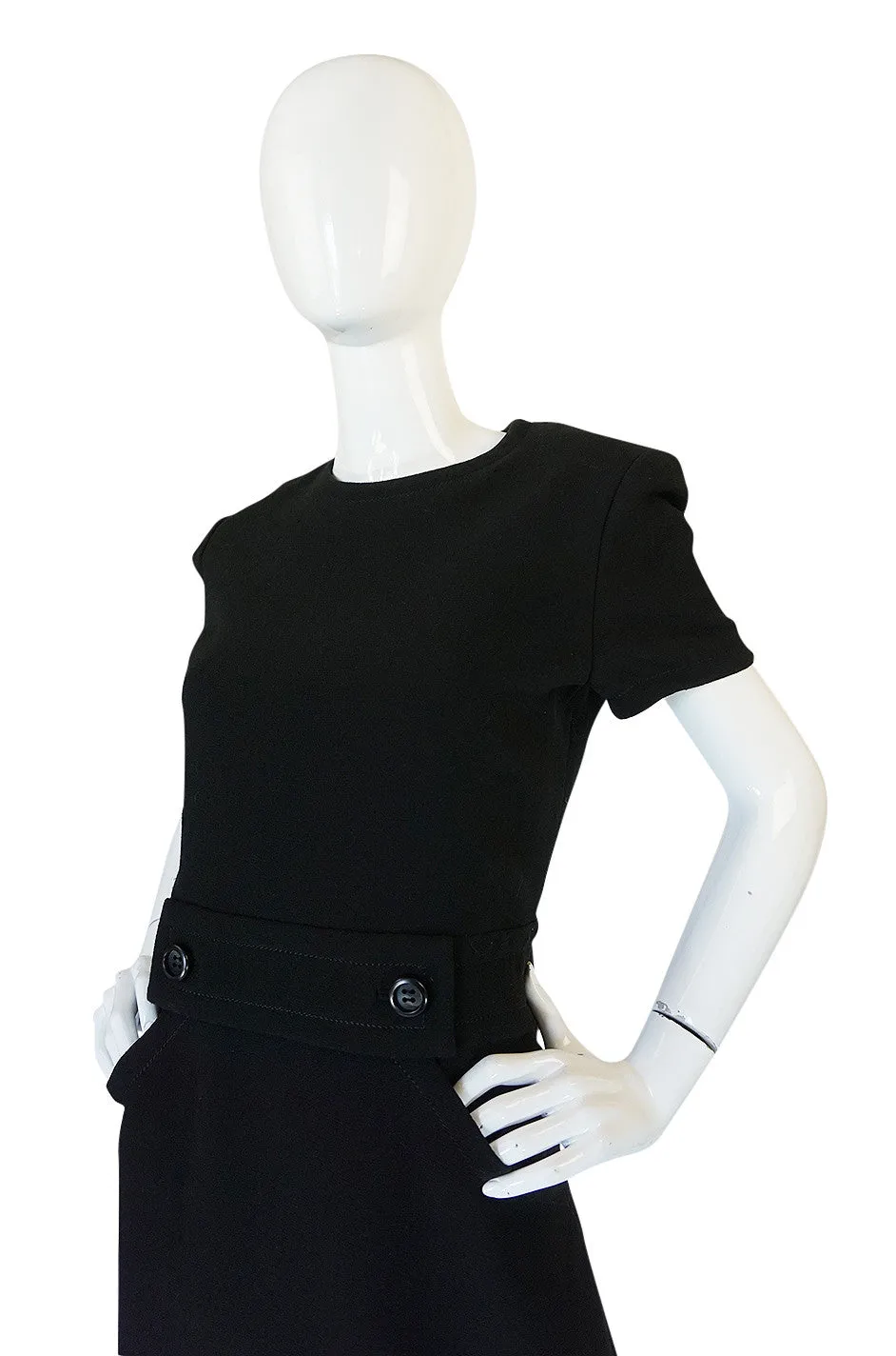 1960s Demi-Couture Level Black Wool Crepe Shift Dress