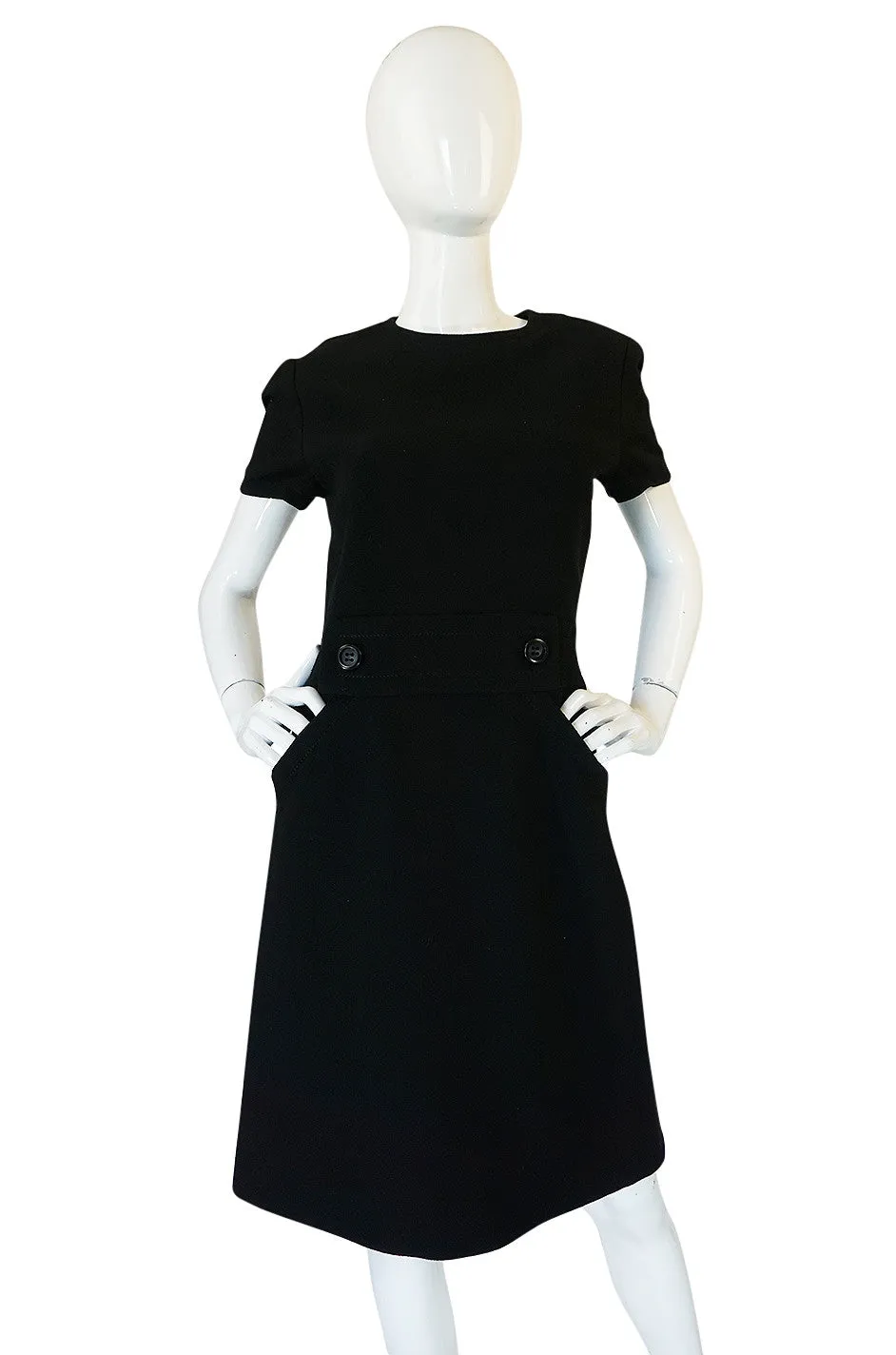 1960s Demi-Couture Level Black Wool Crepe Shift Dress