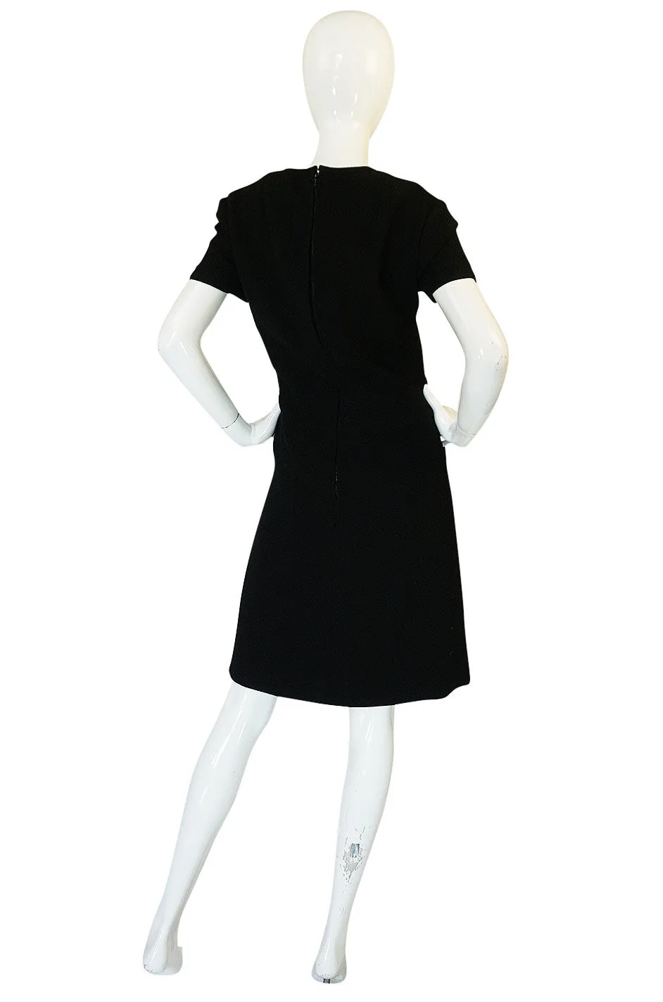 1960s Demi-Couture Level Black Wool Crepe Shift Dress