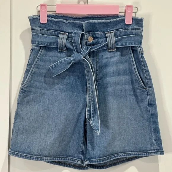 7 For All Mankind Denim Shorts Paper Bag Tie Waist High Rise Jean Shorts Size 25