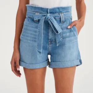 7 For All Mankind Denim Shorts Paper Bag Tie Waist High Rise Jean Shorts Size 25