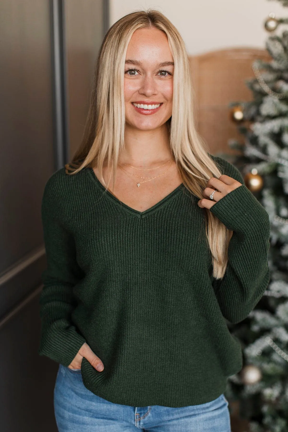 Absolute Favorite V-Neck Sweater- Hunter Green