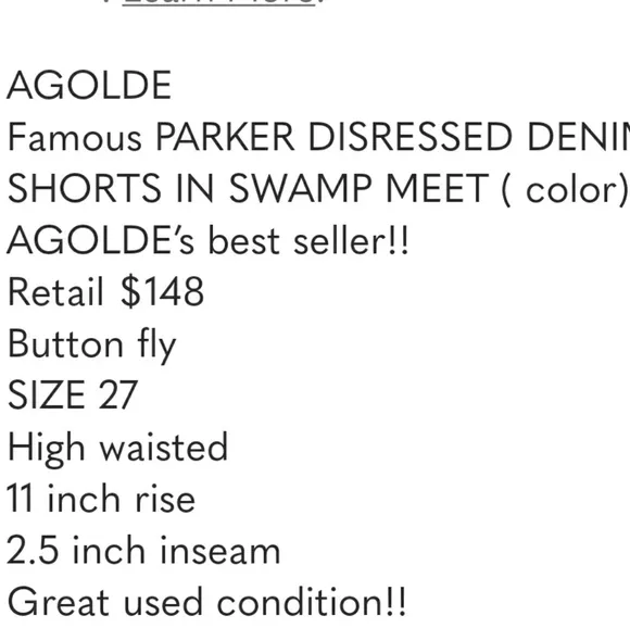 Agolde Shorts Denim Jean Parker‎ Distressed Button Fly medium wash size 27