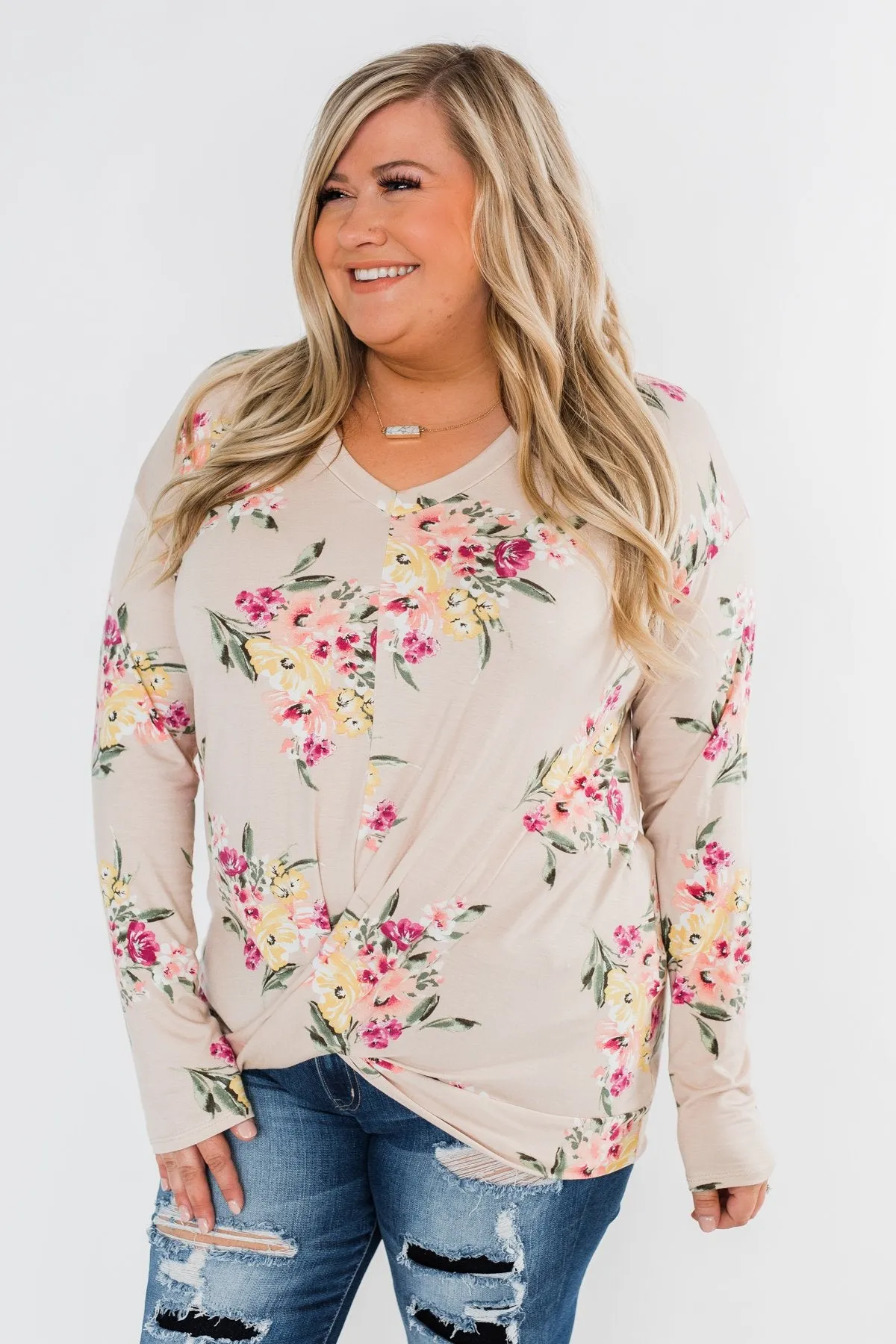 All The Love Floral Twist Top- Light Peach