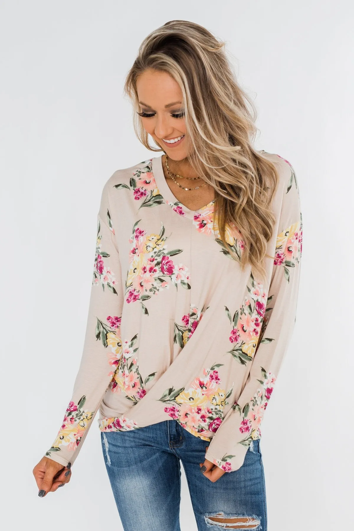 All The Love Floral Twist Top- Light Peach