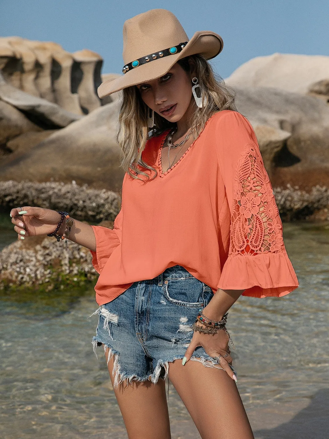 Araleigh Lace Detail V-Neck Blouse