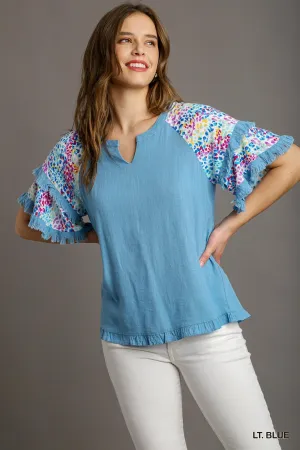 Ava V-Notched Linen Top with Double Layer Flutter Sleeves In Blue