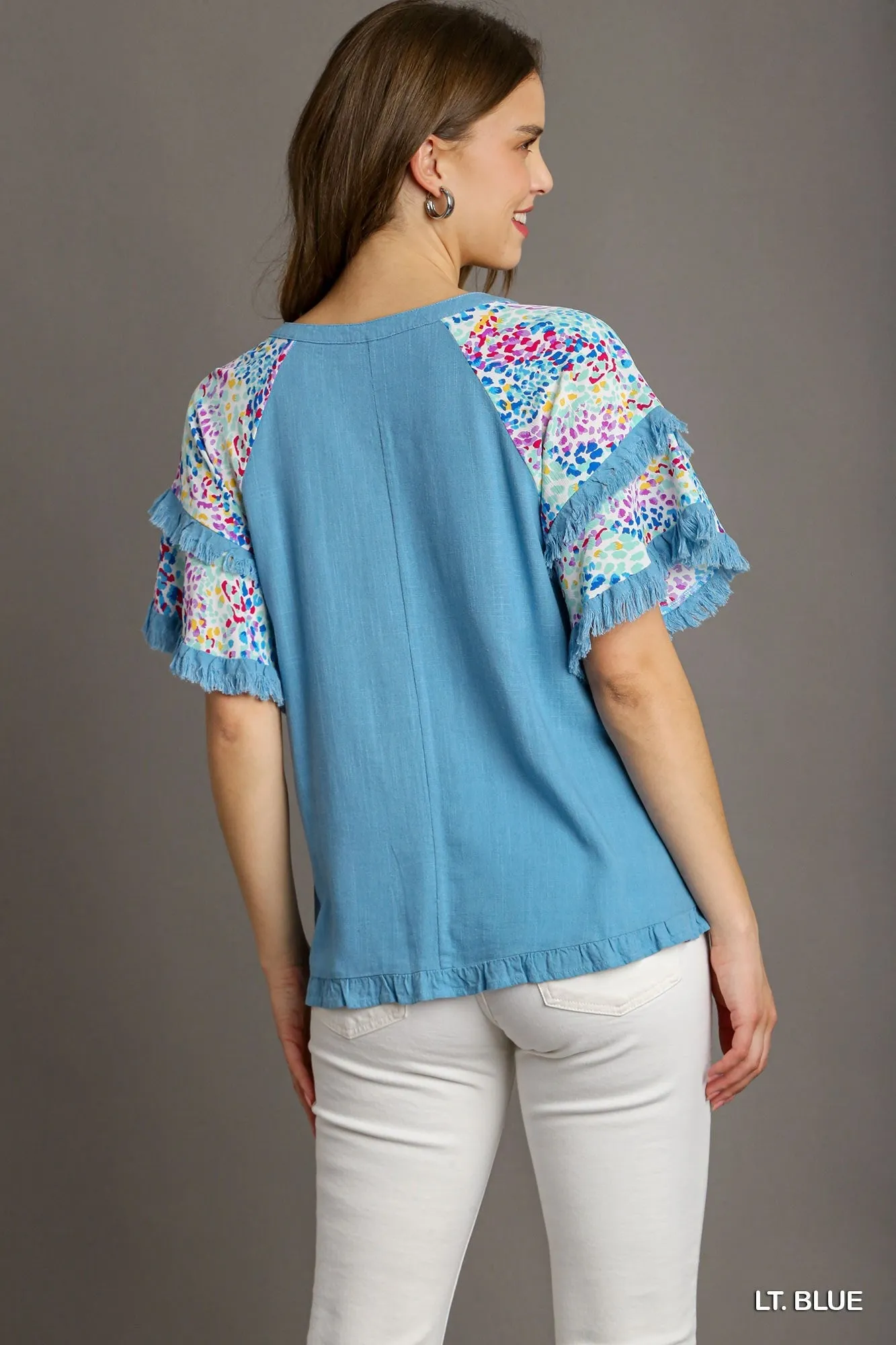 Ava V-Notched Linen Top with Double Layer Flutter Sleeves In Blue