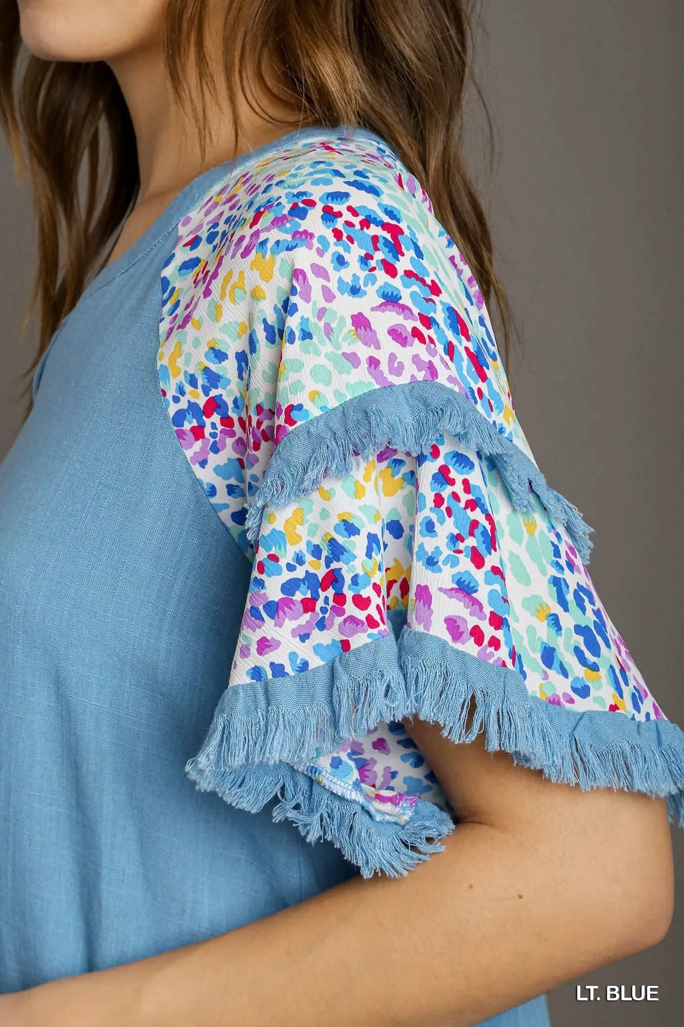 Ava V-Notched Linen Top with Double Layer Flutter Sleeves In Blue