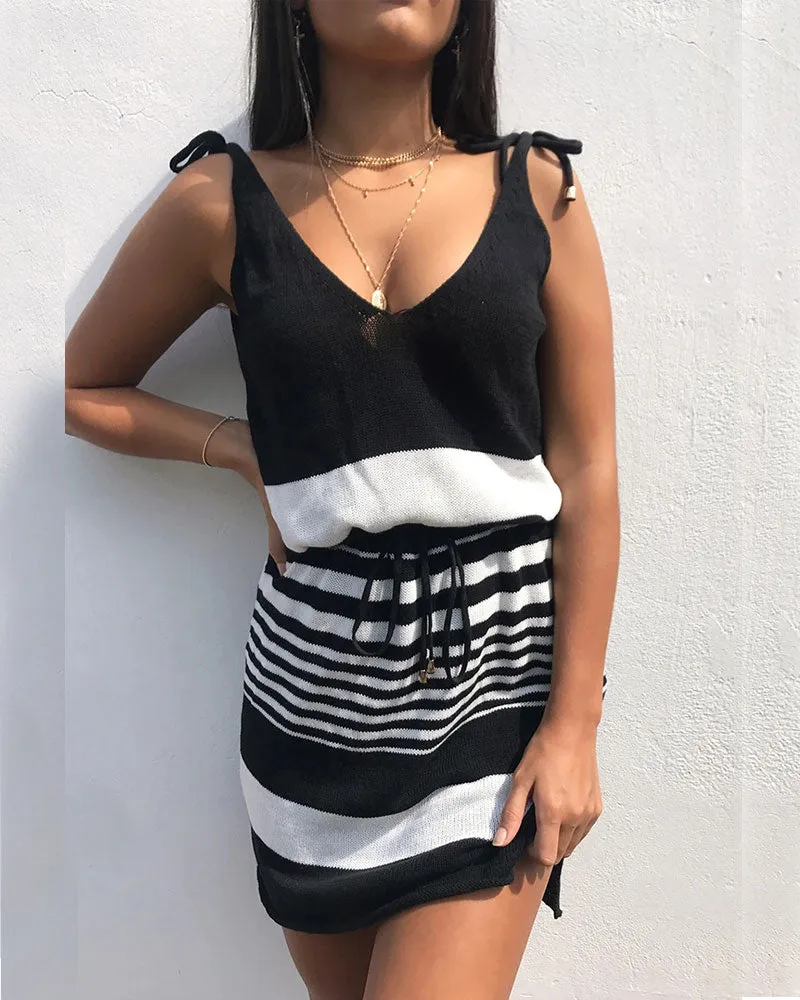 Backless V-neck Lace-up Knitted Crochet Sweater Dress Plus Size