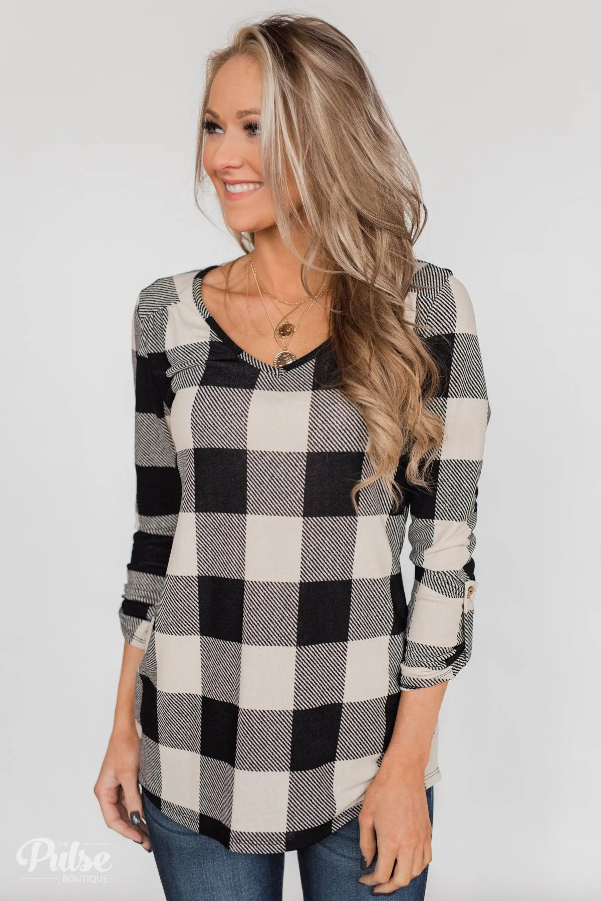 Be With You 3/4 Sleeve Buffalo Plaid Top- Cream & Black