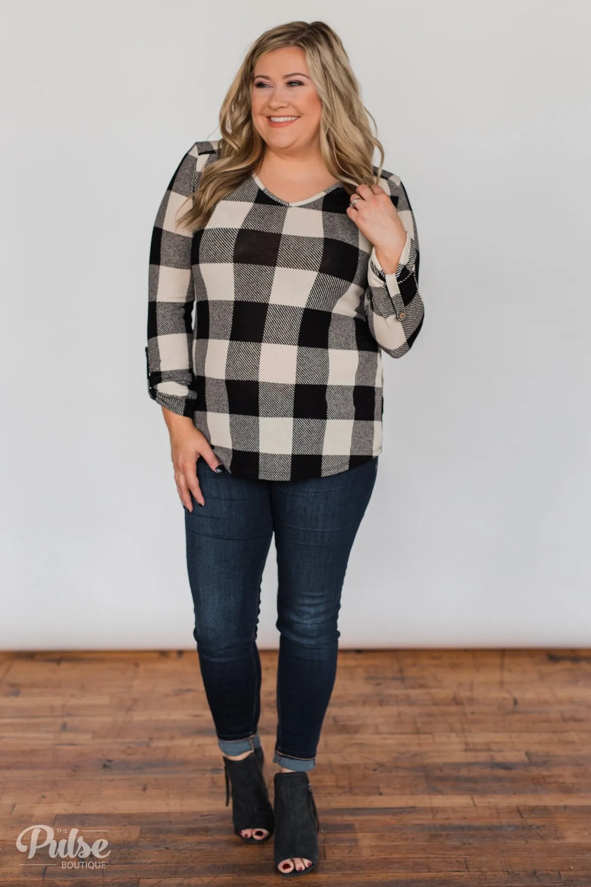 Be With You 3/4 Sleeve Buffalo Plaid Top- Cream & Black