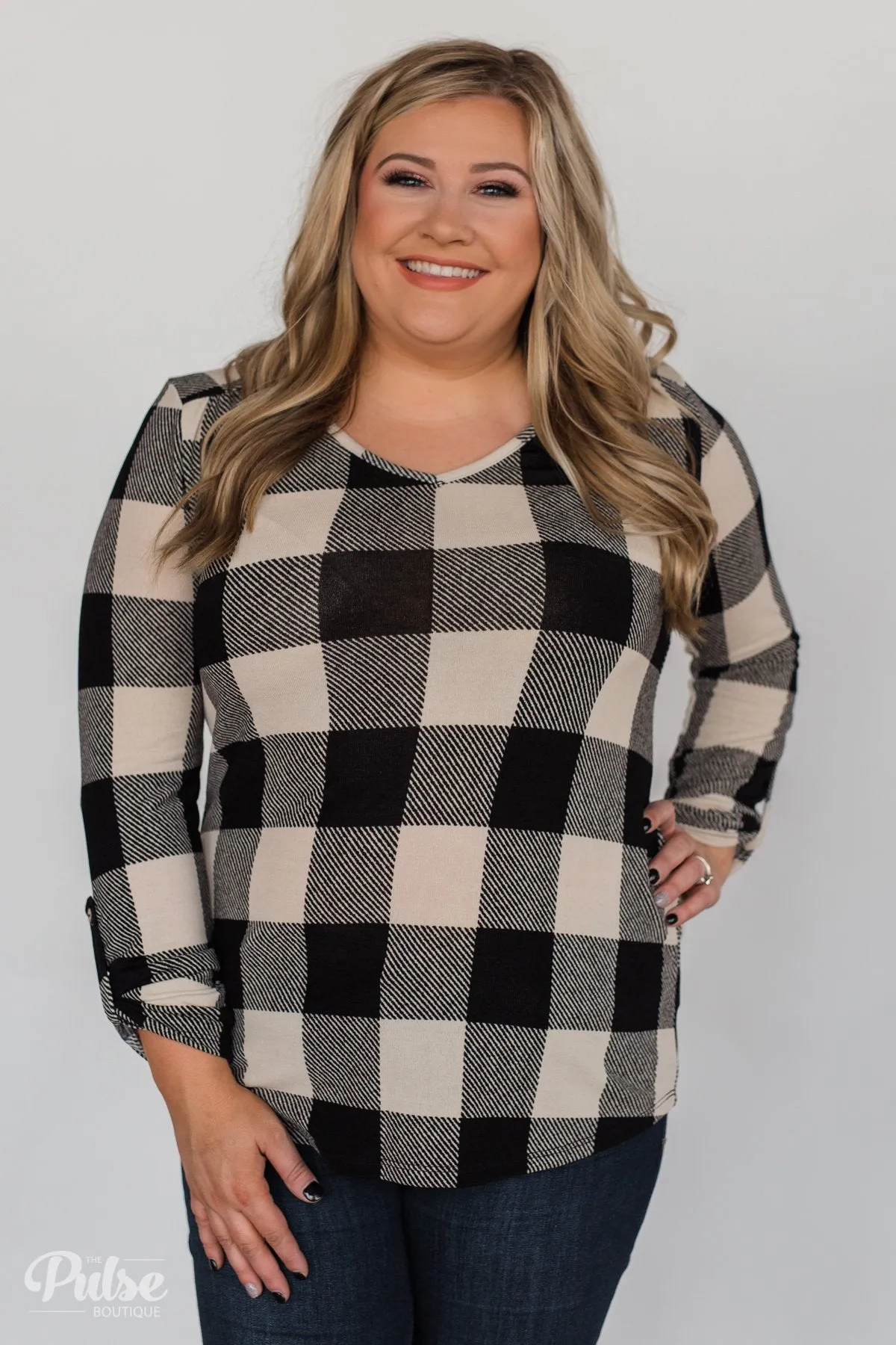 Be With You 3/4 Sleeve Buffalo Plaid Top- Cream & Black