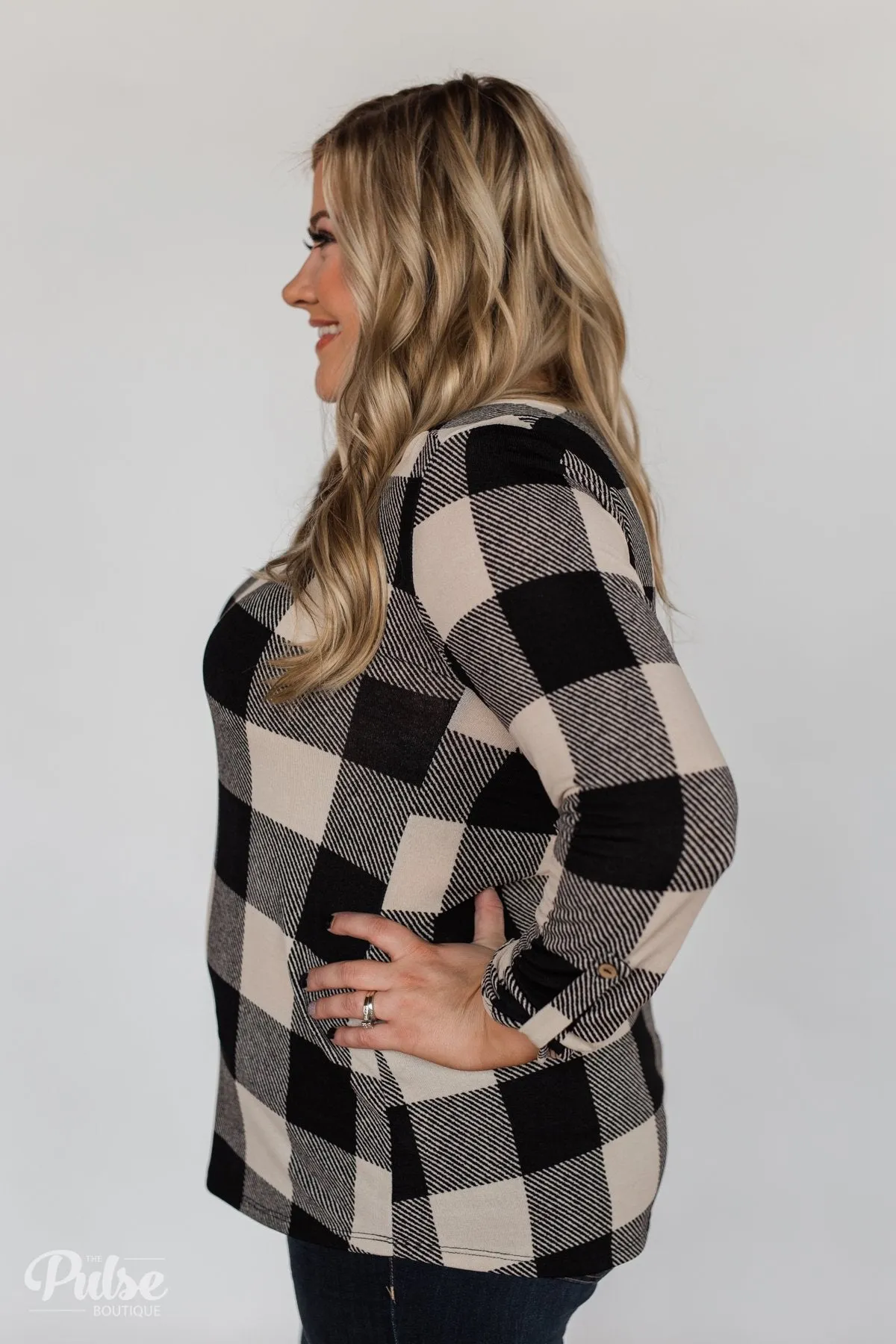 Be With You 3/4 Sleeve Buffalo Plaid Top- Cream & Black