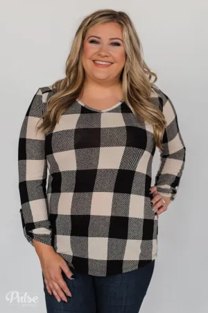 Be With You 3/4 Sleeve Buffalo Plaid Top- Cream & Black