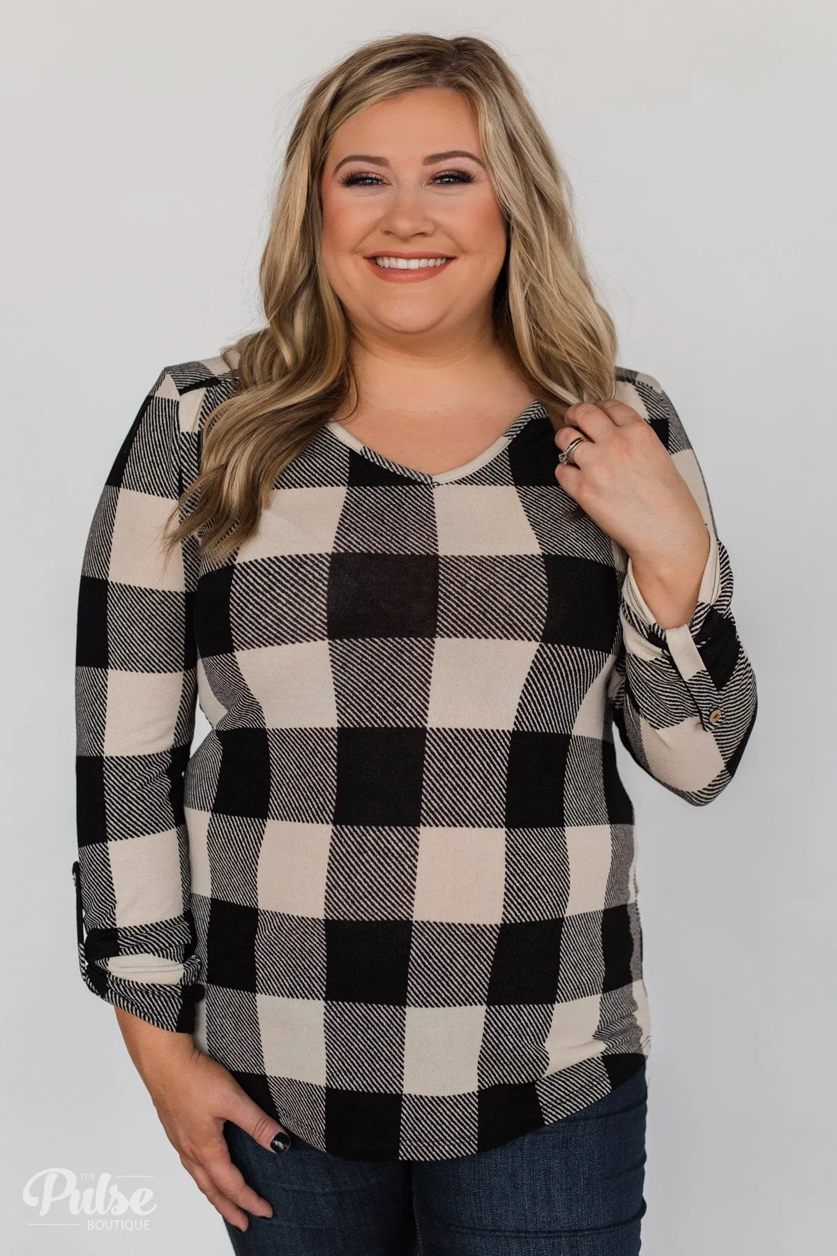 Be With You 3/4 Sleeve Buffalo Plaid Top- Cream & Black