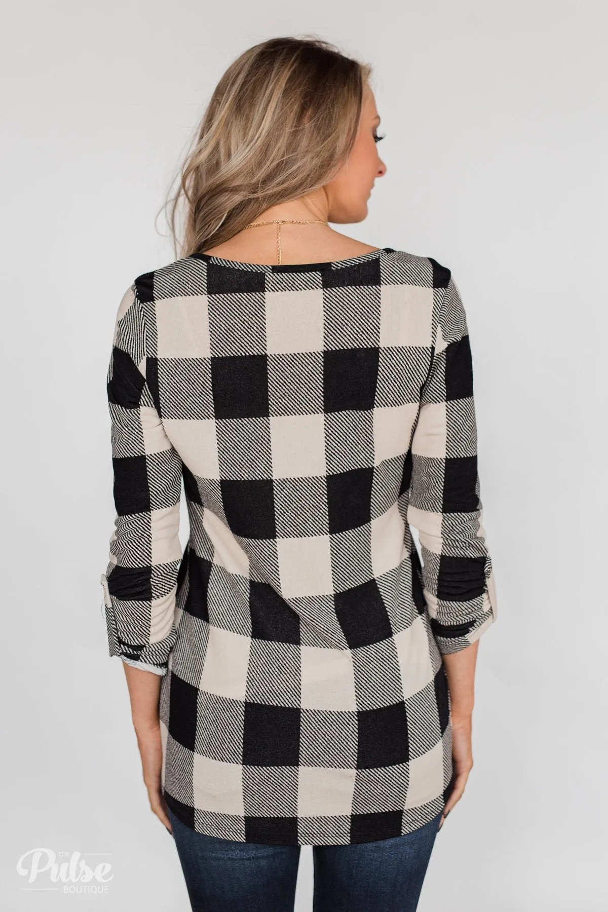 Be With You 3/4 Sleeve Buffalo Plaid Top- Cream & Black