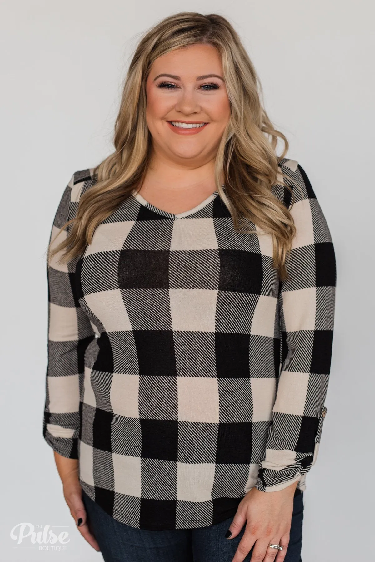 Be With You 3/4 Sleeve Buffalo Plaid Top- Cream & Black