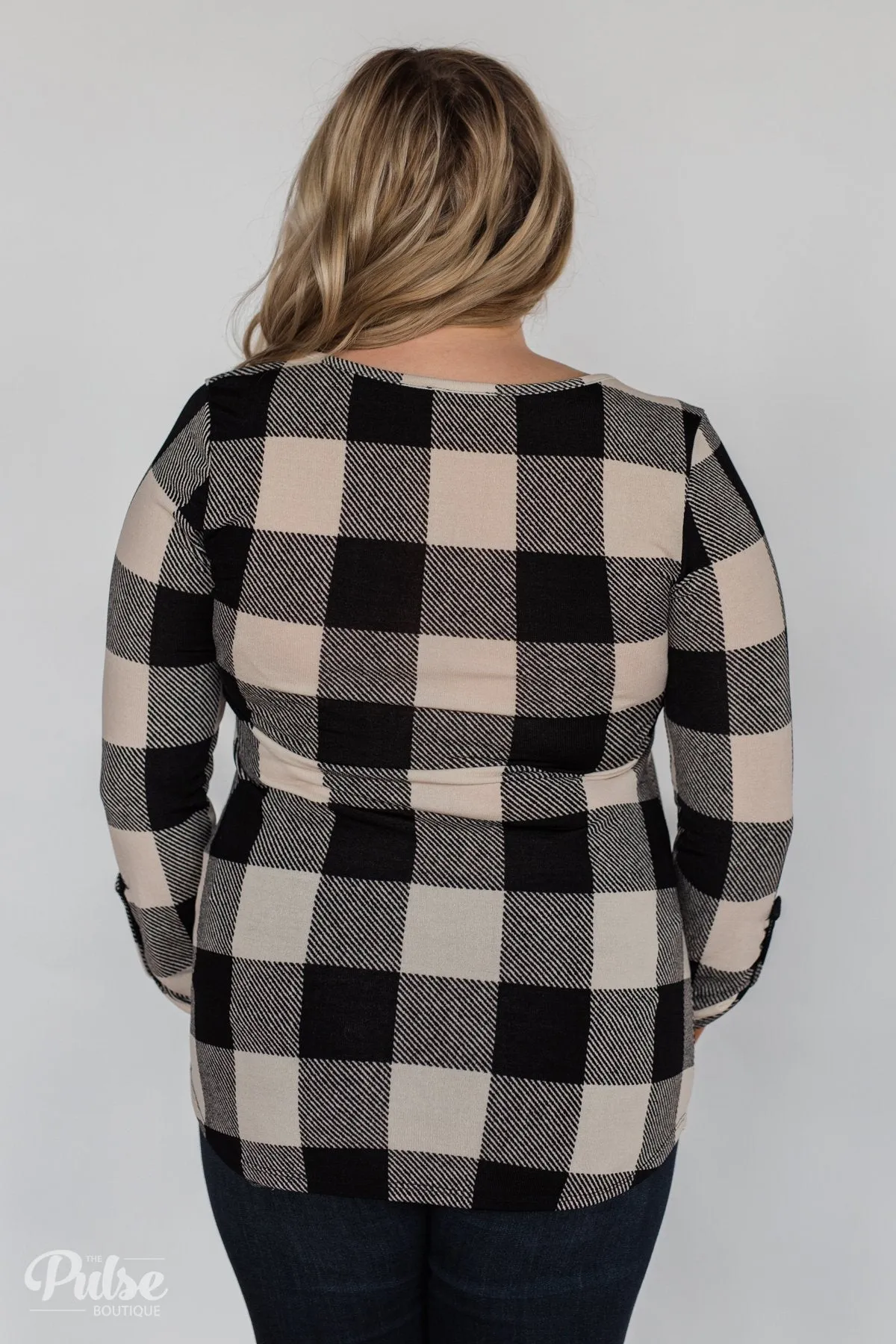 Be With You 3/4 Sleeve Buffalo Plaid Top- Cream & Black