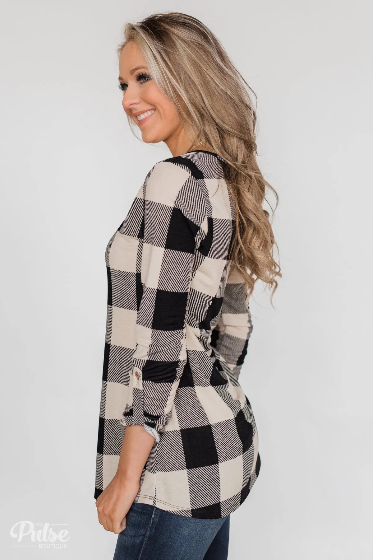 Be With You 3/4 Sleeve Buffalo Plaid Top- Cream & Black
