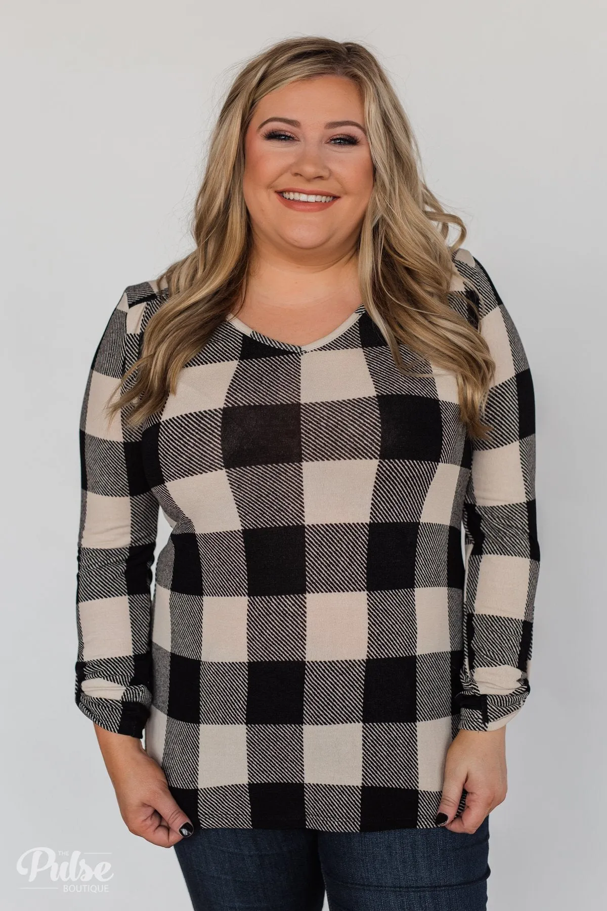 Be With You 3/4 Sleeve Buffalo Plaid Top- Cream & Black