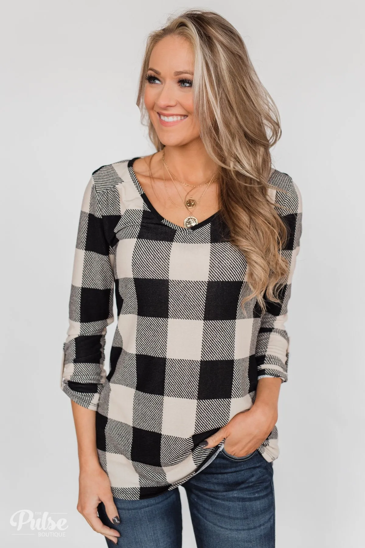 Be With You 3/4 Sleeve Buffalo Plaid Top- Cream & Black