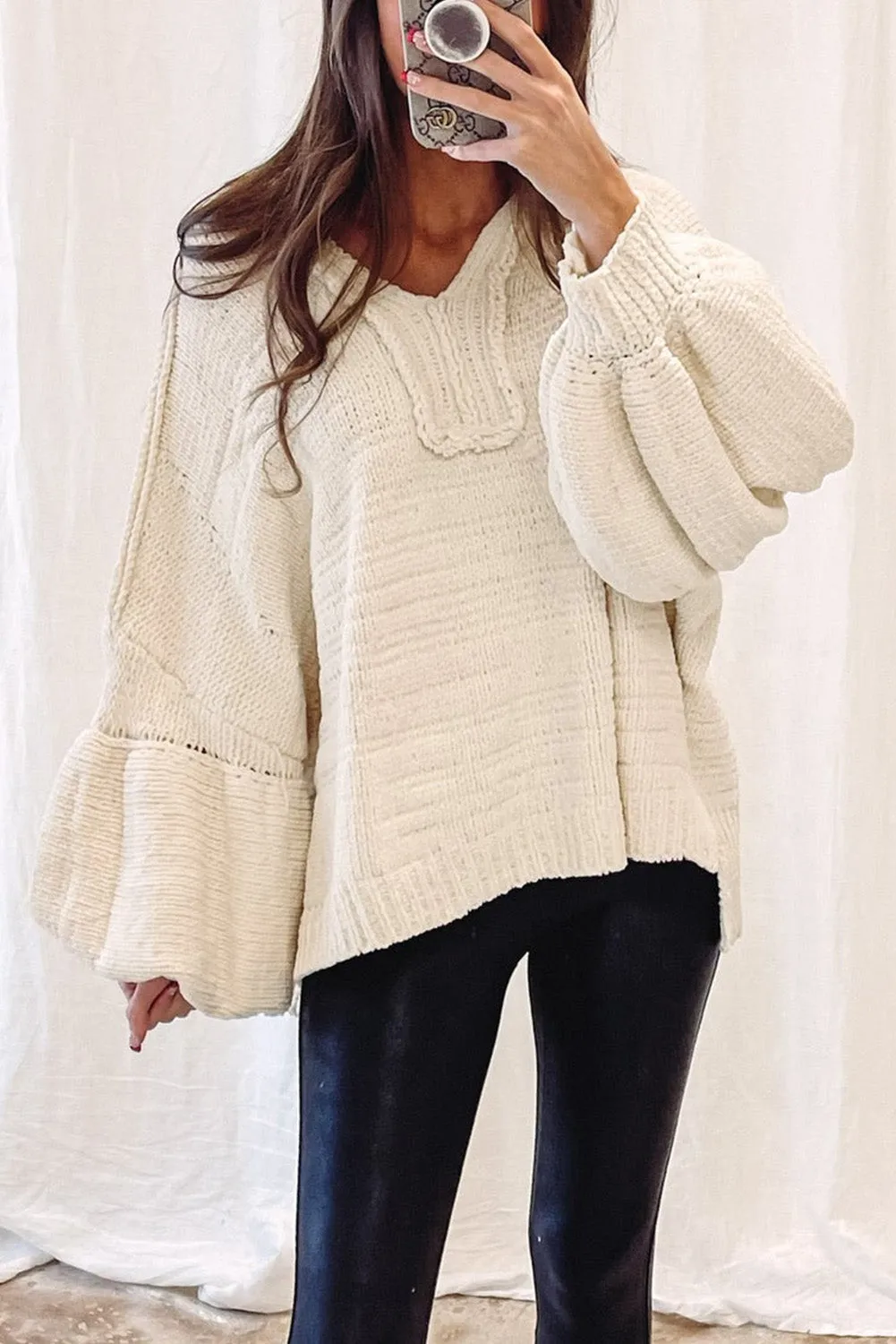 Beige Balloon Sleeve V Neck Oversized Sweater with Hood