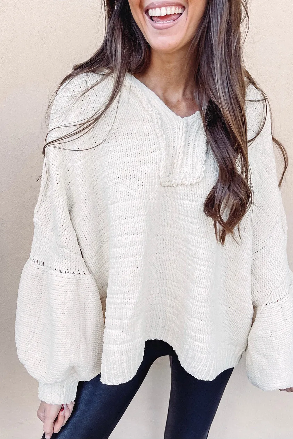 Beige Balloon Sleeve V Neck Oversized Sweater with Hood