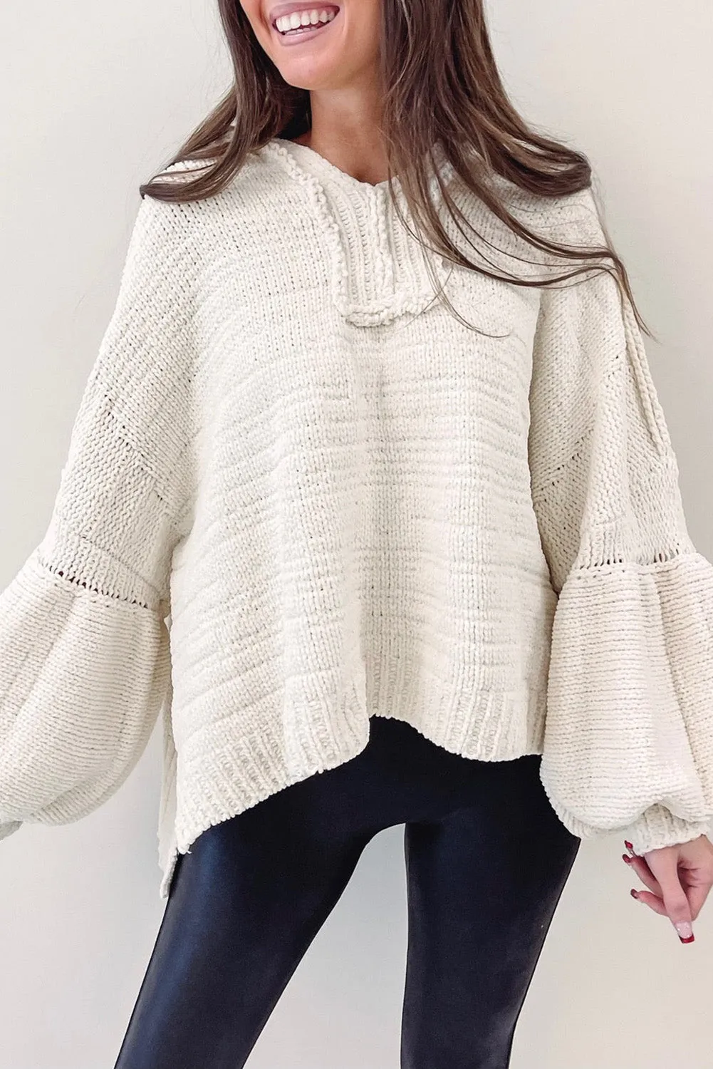 Beige Balloon Sleeve V Neck Oversized Sweater with Hood