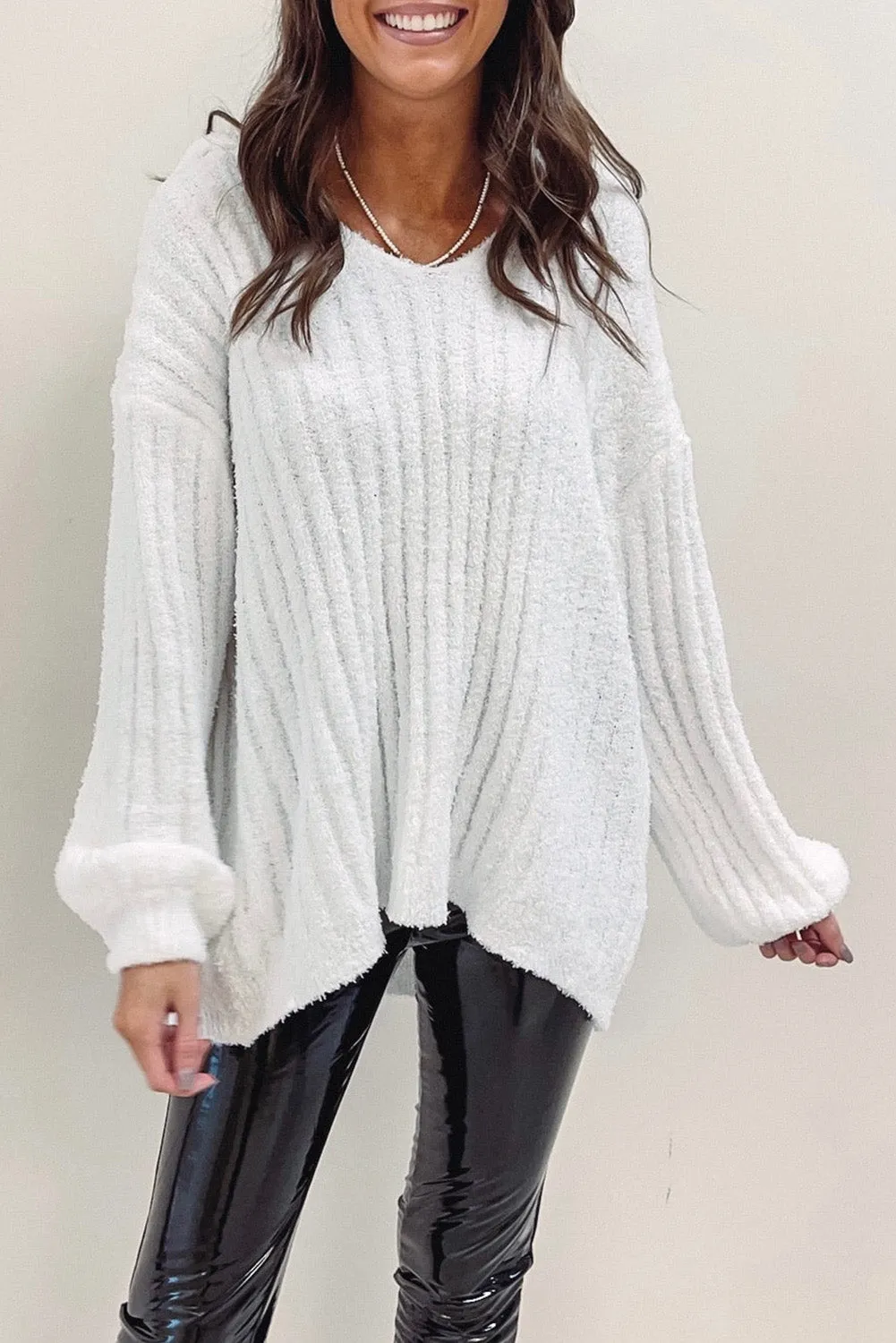 Beige Balloon Sleeve V Neck Oversized Sweater with Hood