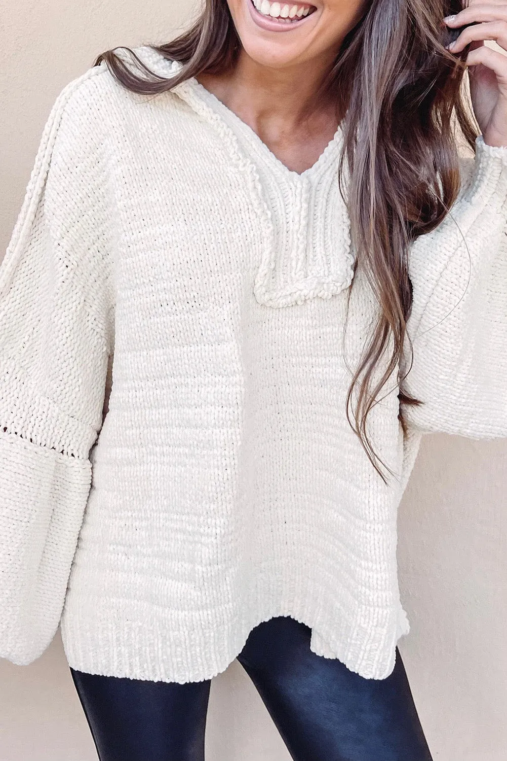 Beige Balloon Sleeve V Neck Oversized Sweater with Hood