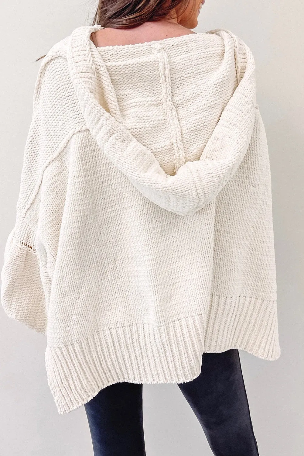 Beige Balloon Sleeve V Neck Oversized Sweater with Hood