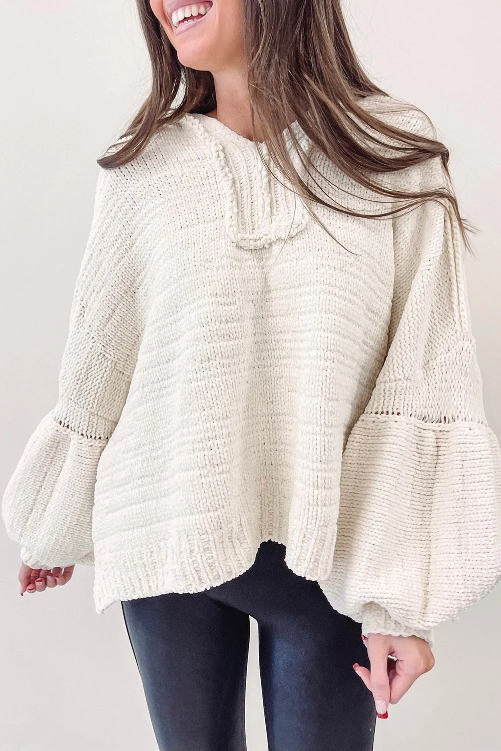 Beige Balloon Sleeve V Neck Oversized Sweater with Hood