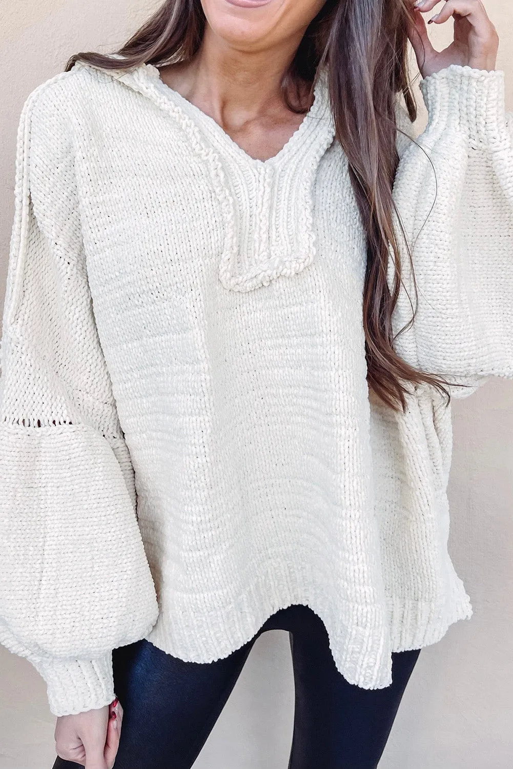 Beige Balloon Sleeve V Neck Oversized Sweater with Hood