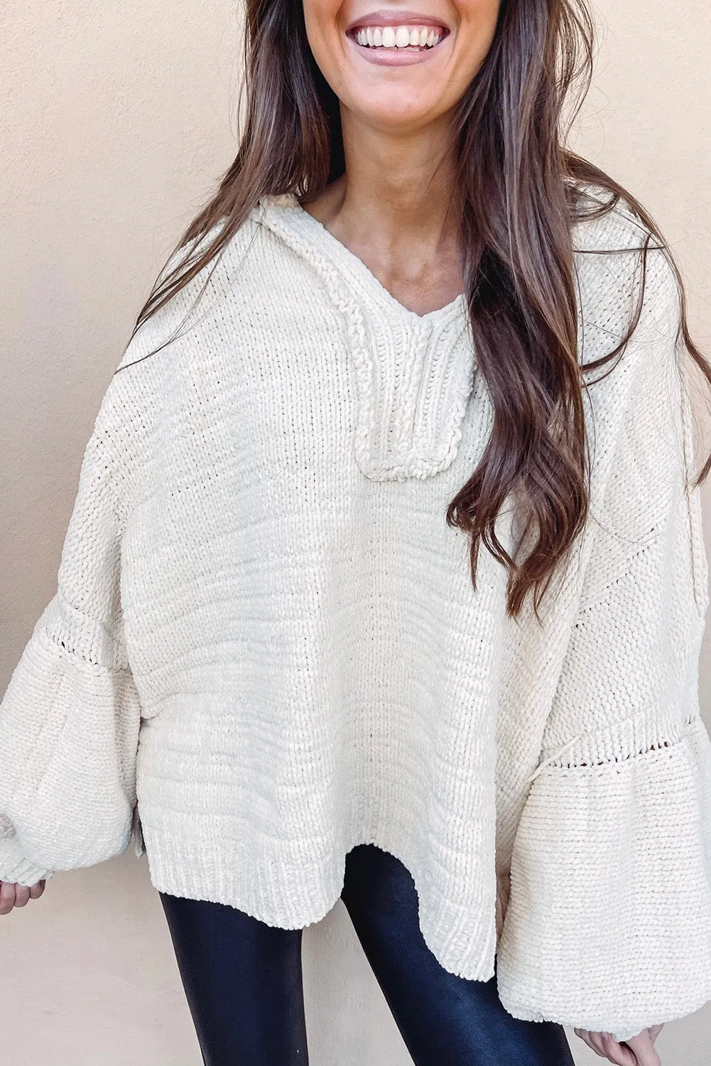 Beige Balloon Sleeve V Neck Oversized Sweater with Hood