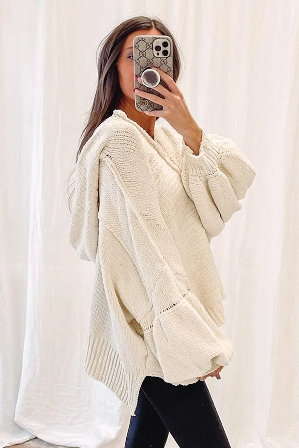 Beige Balloon Sleeve V Neck Oversized Sweater with Hood