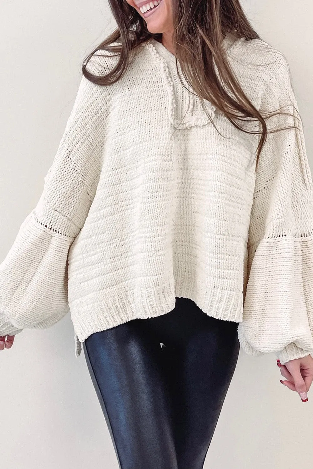 Beige Balloon Sleeve V Neck Oversized Sweater with Hood