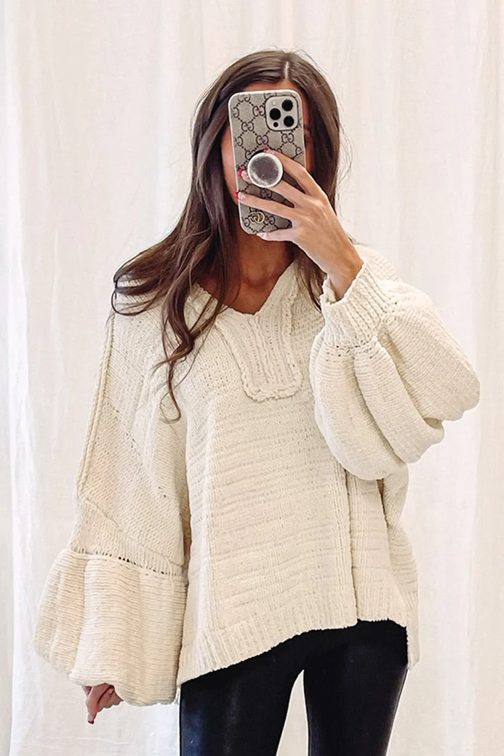 Beige Balloon Sleeve V Neck Oversized Sweater with Hood