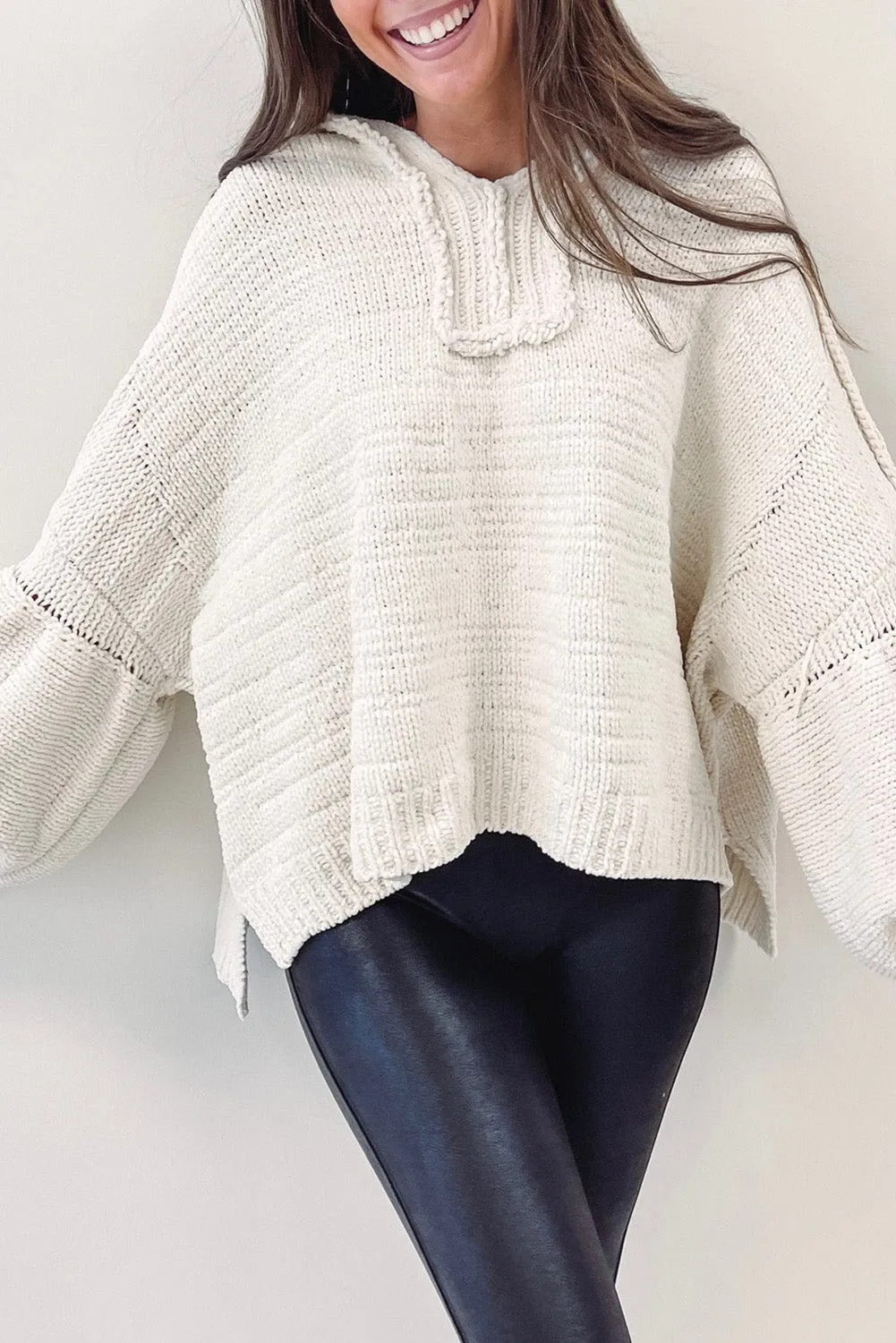Beige Balloon Sleeve V Neck Oversized Sweater with Hood