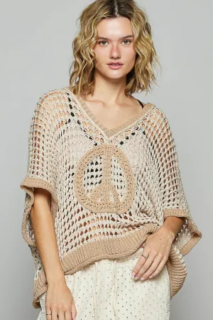 Beige Cream Oversize V Neck Short Sleeve Peace Sign POL Sweater 12/10/24 9377