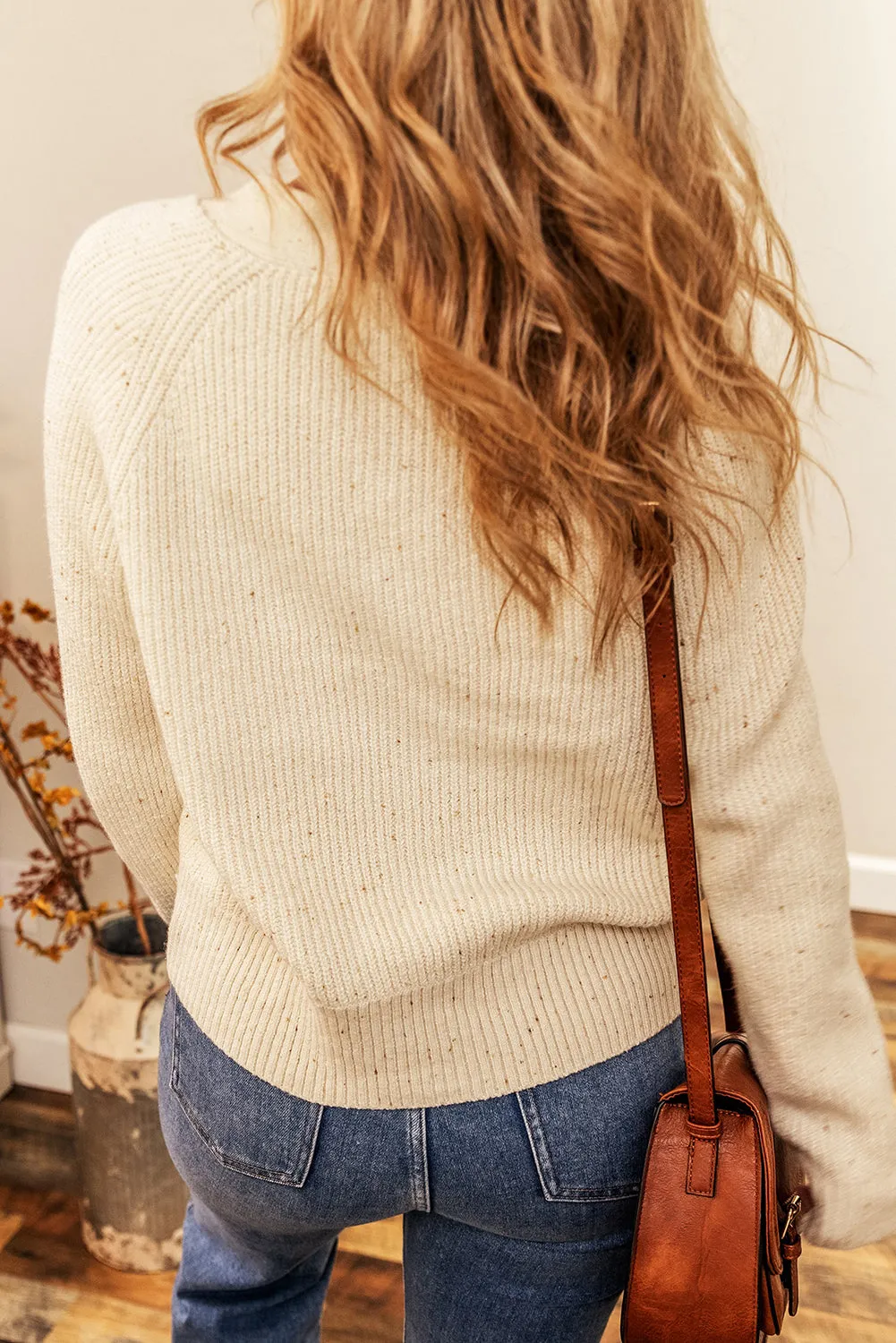 Beige Heather Ribbed Knit Button V Neck Cardigan