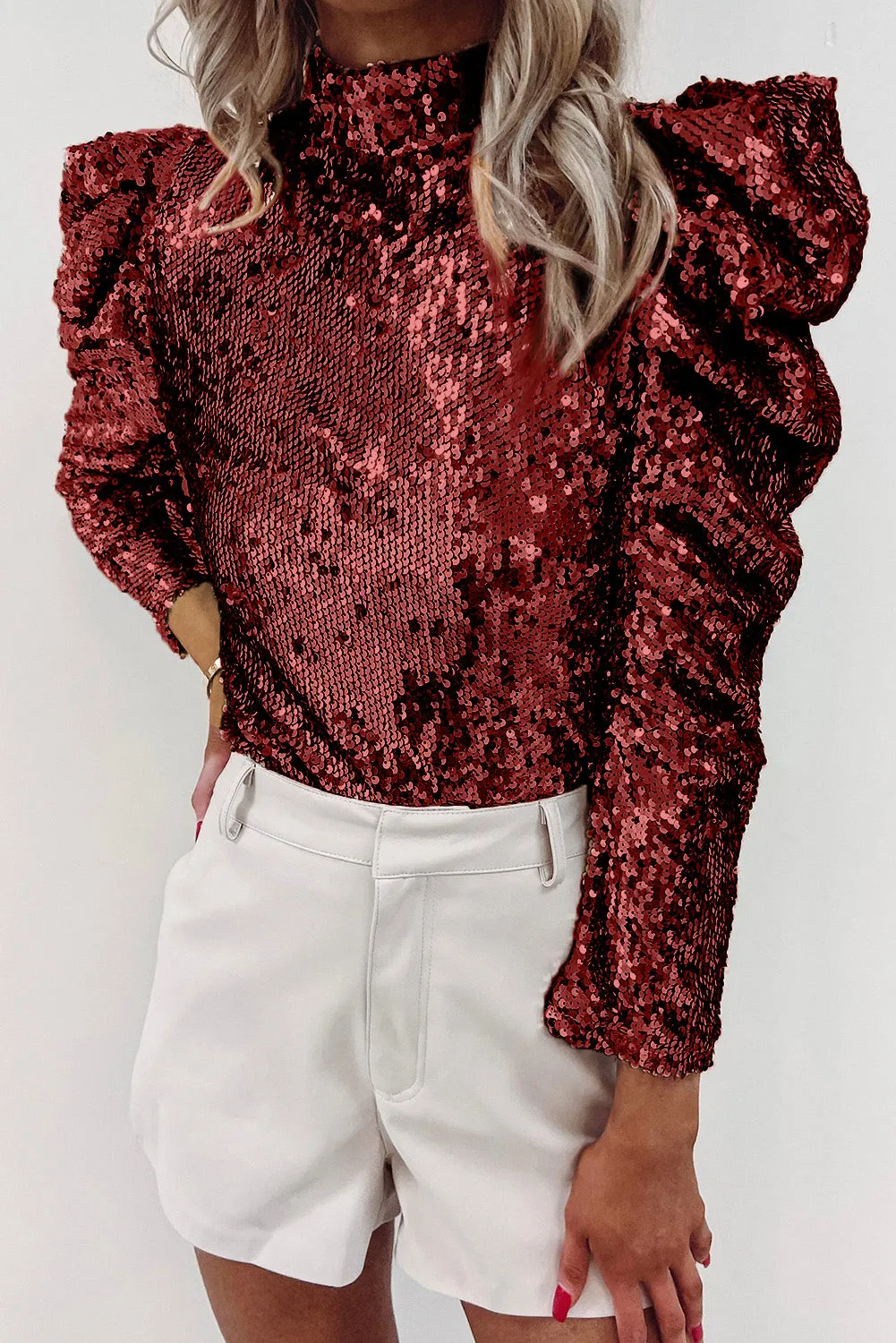 Biking Red Sequin Mock Neck Bubble Sleeve Top