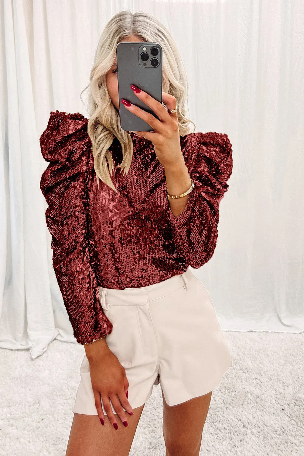Biking Red Sequin Mock Neck Bubble Sleeve Top