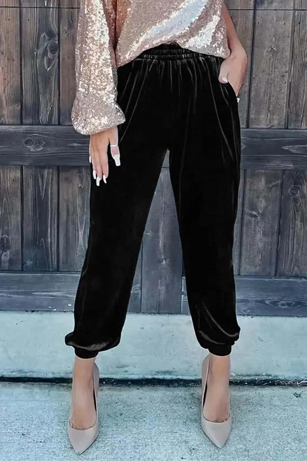 Black Green Solid Velvet Jogger Pants