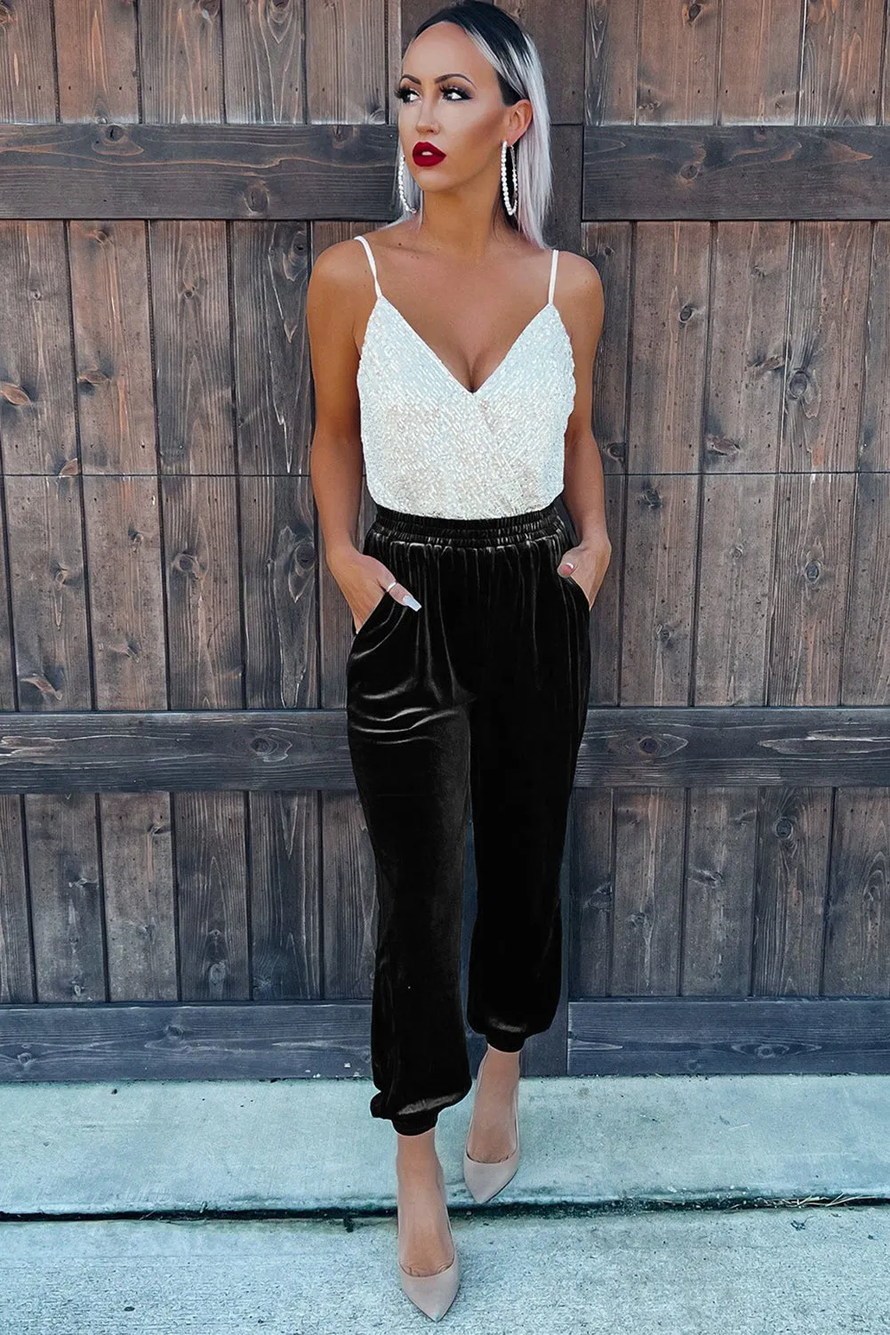 Black Green Solid Velvet Jogger Pants