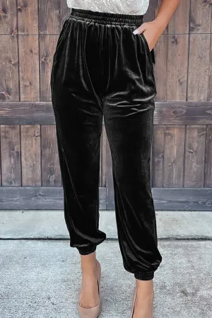 Black Green Solid Velvet Jogger Pants