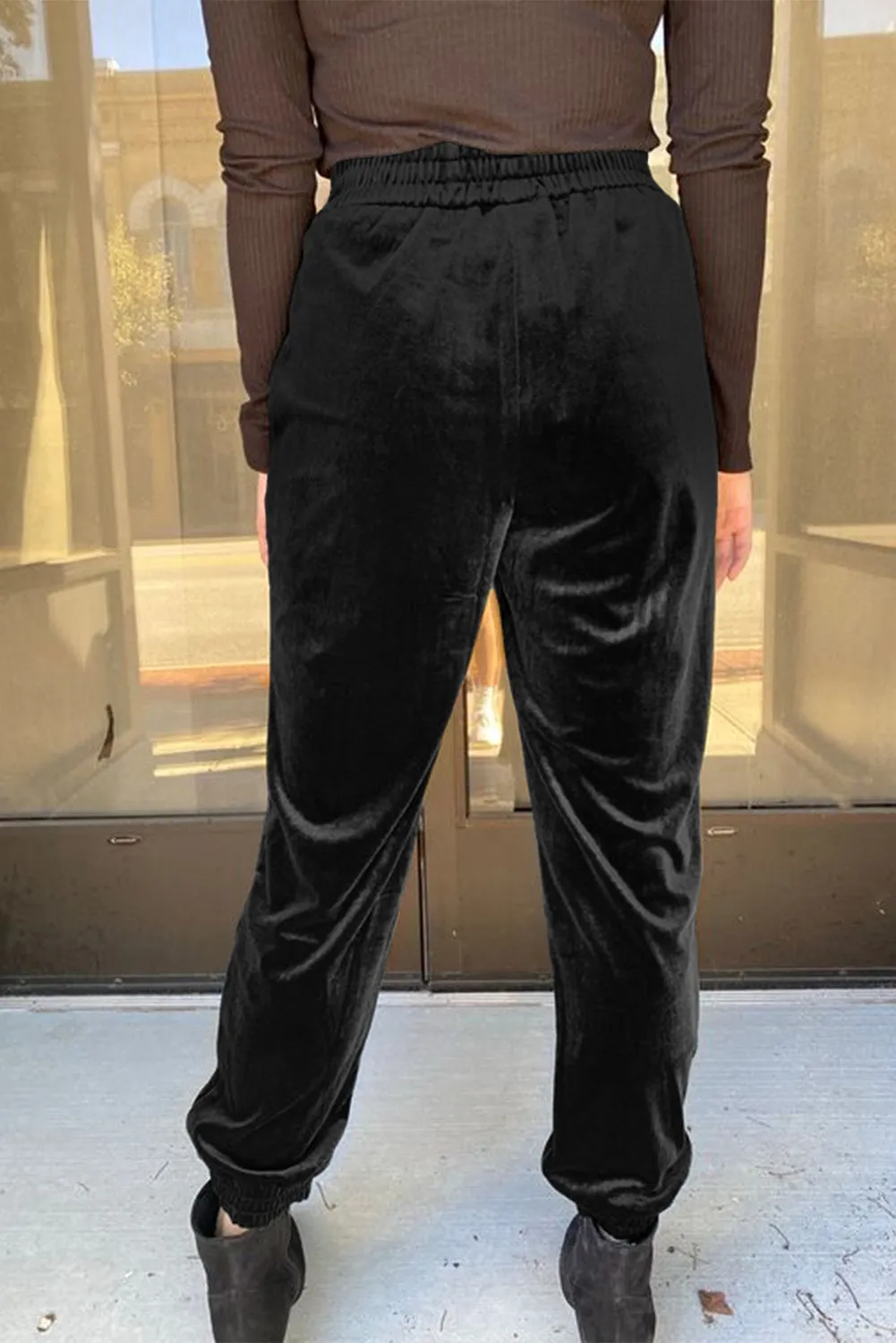 Black Green Solid Velvet Jogger Pants