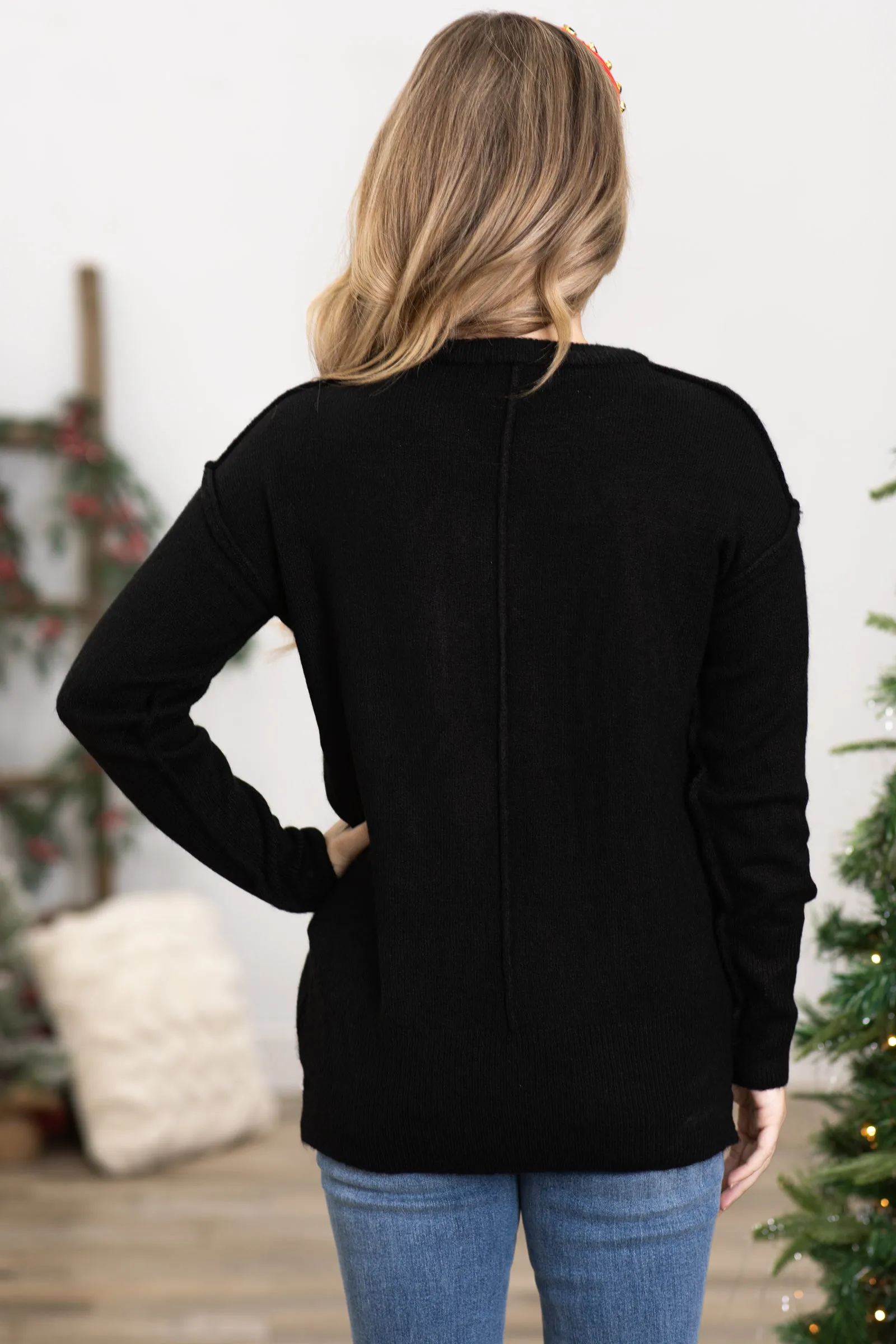 Black Melange Sweater With Pocket Detail