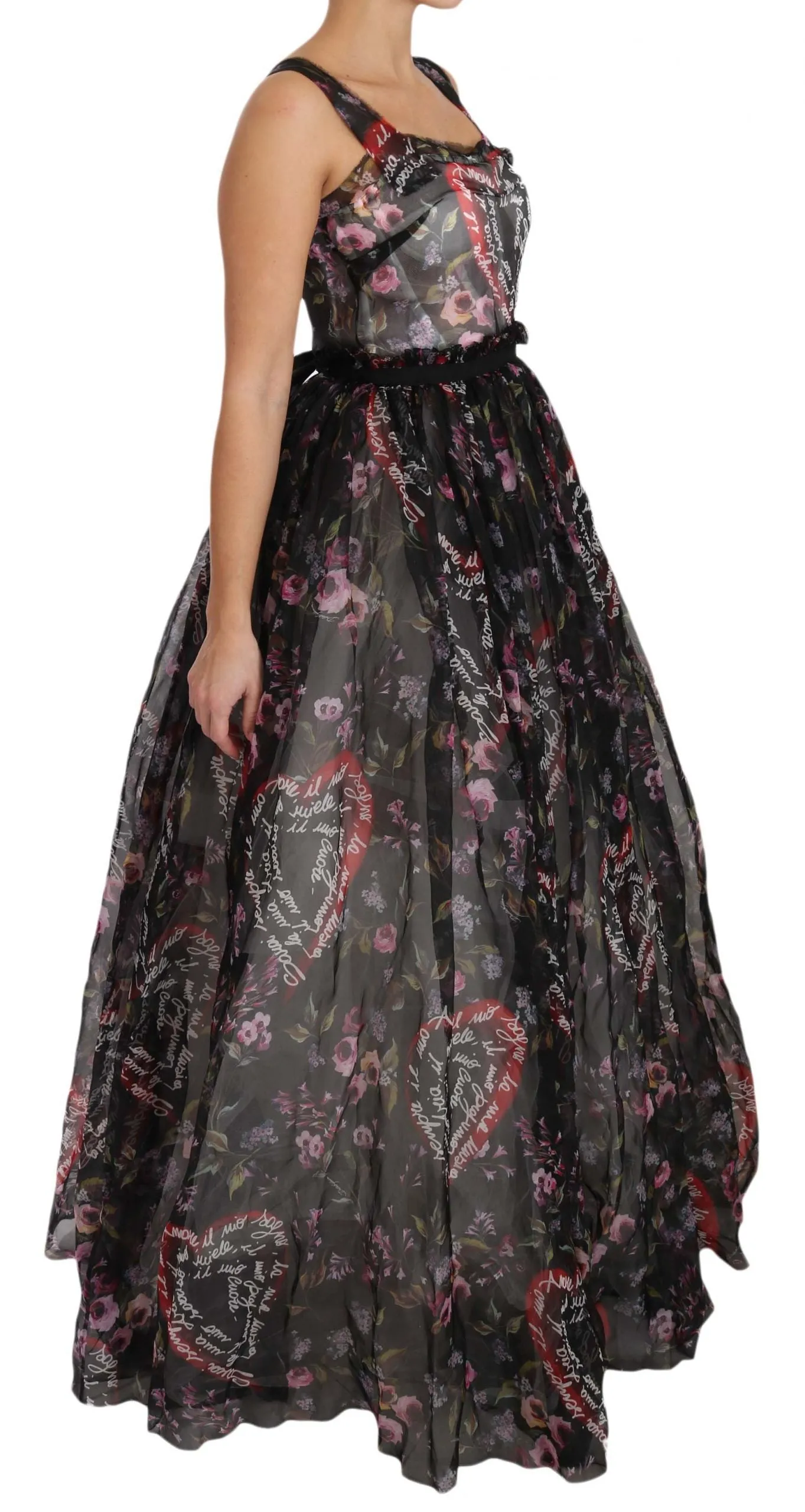 Black Silk Floral Heart A-Line Dress