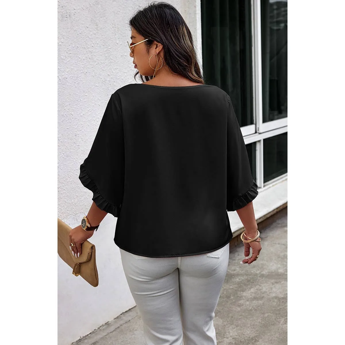 Black Solid Plus V Neck Ruffle Trim Petal Sleeve Blouse